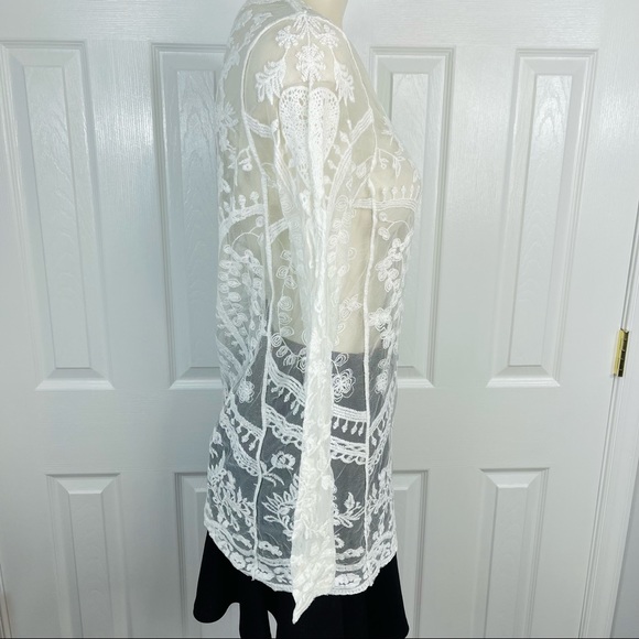 PHASE ONE white lace top sheer mesh see through top white long sleeves shirt S - Picture 3 of 10